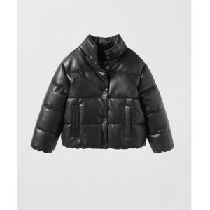 Zara Kids Faux Leather Black Puffer Jacket